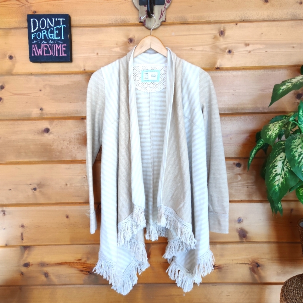Anthropologie 💜 Saturday Sunday Draped Waterfall Cardigan Boho Fringe Fleece XS